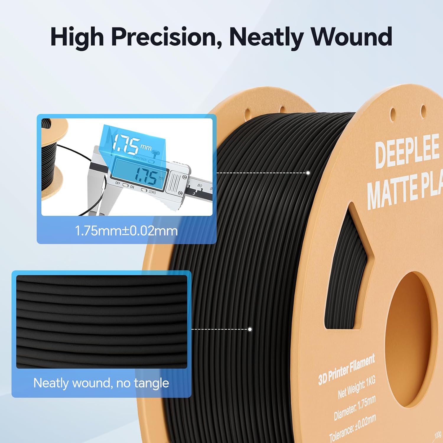 Matte PLA Filament 1.75mm 1kg Black | 3D Printer Filament Dimensional Accuracy +/- 0.02mm, No Clogging, Higher Toughness