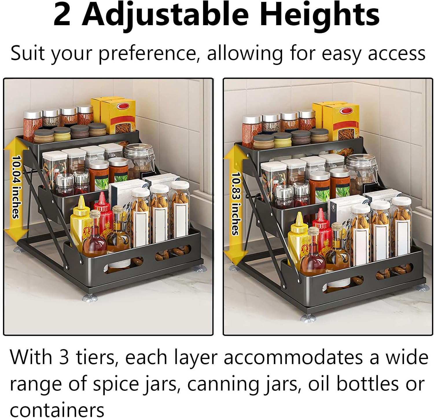 3 Tier Foldable Spice Rack, Black | Iron