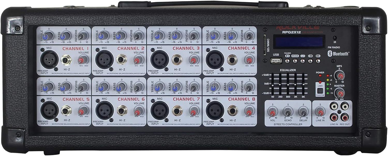 RPG2X12 Bundle: (2) 12-inch 1400W Passive DJ PA Speakers with Stands and Microphones, 8 Channel 1400W Powered Mixer