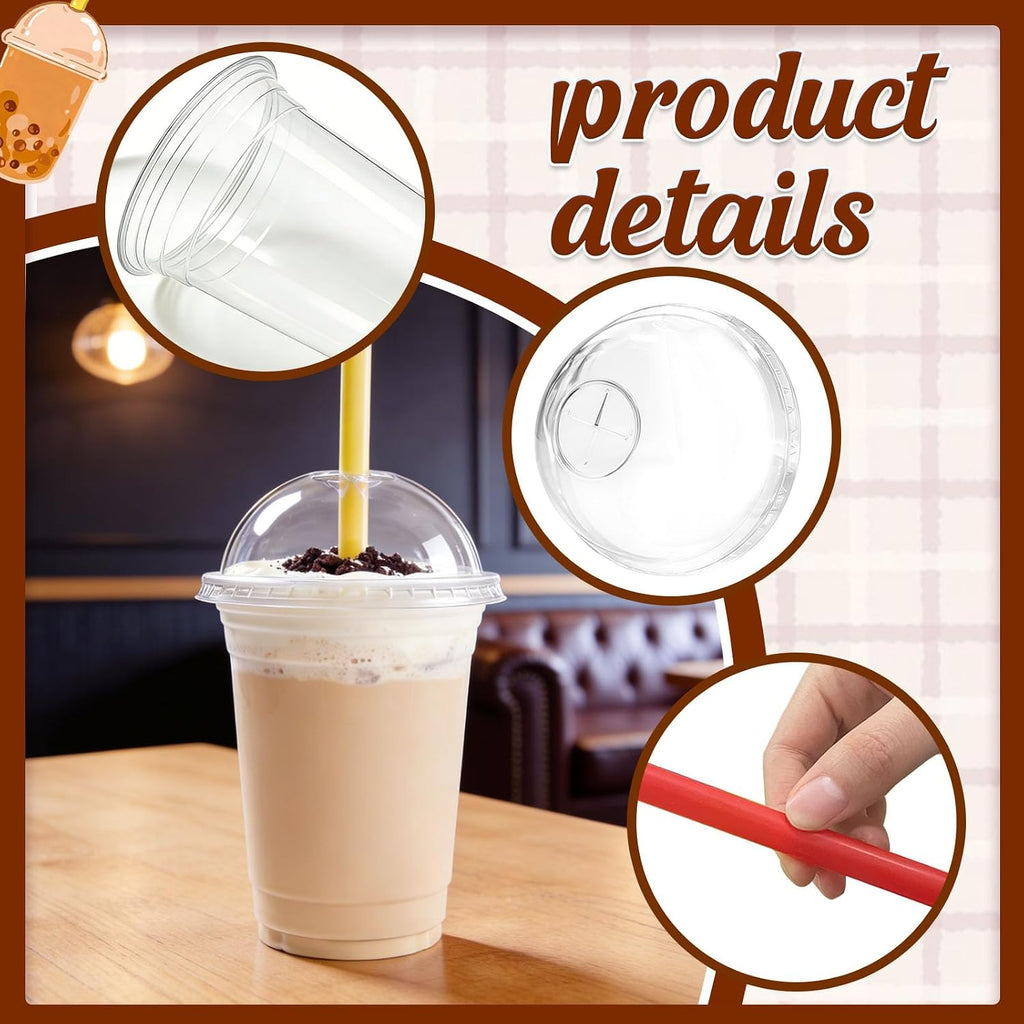 50 Sets 16 oz Clear Plastic Cups with Dome Lids and Straws