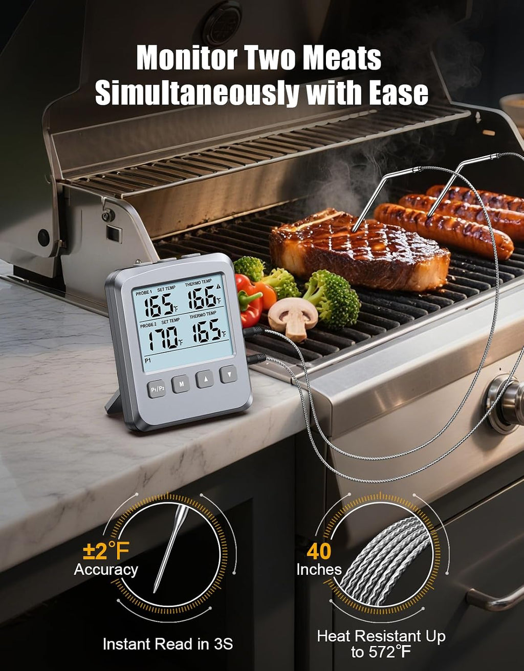 Dual Probe Meat Thermometer Digital for Cooking, Grilling & Smoking