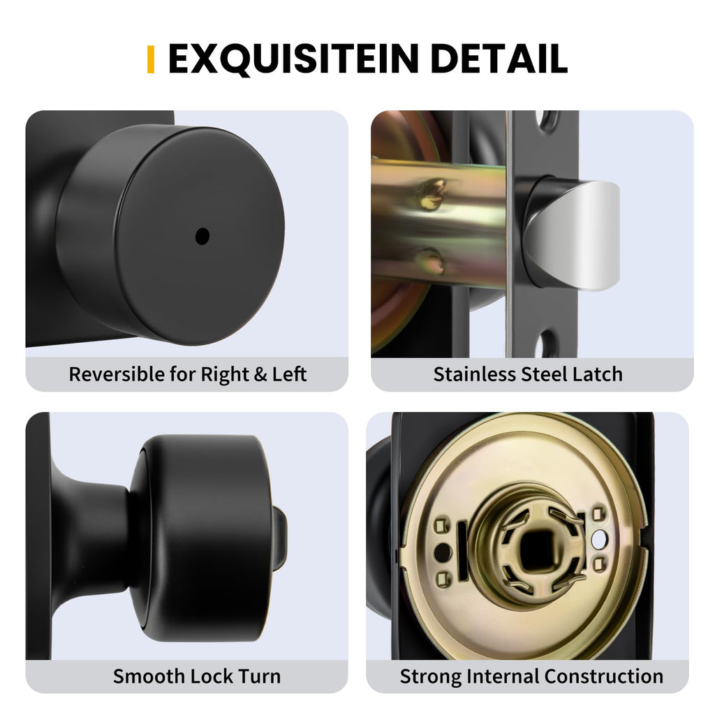 Matte Black Door Knobs Interior, Privacy Bedroom Door Knob with Lock, Black Interior Door Knobs Bathroom 1 Pack