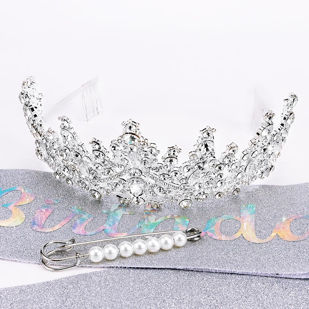 It's My Birthday Sash and Crown for Women Girls - Silver Glitter Birthday Sash, Crystal Princess Tiara, Queen Crown