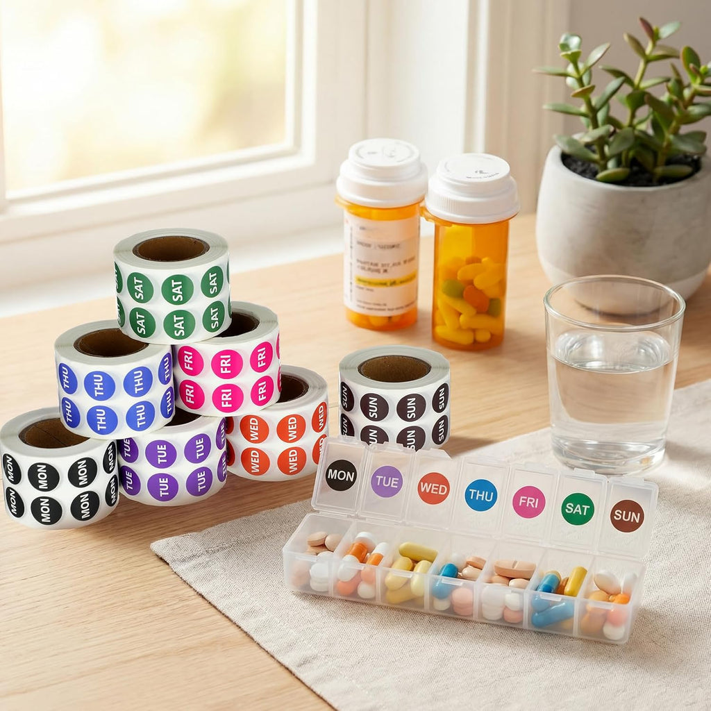 7000 PCS Small 7-Day of The Week Double Row Adhesive Stickers Bulk - 0.5 Inch Color Coded Dots Round Food Rotation