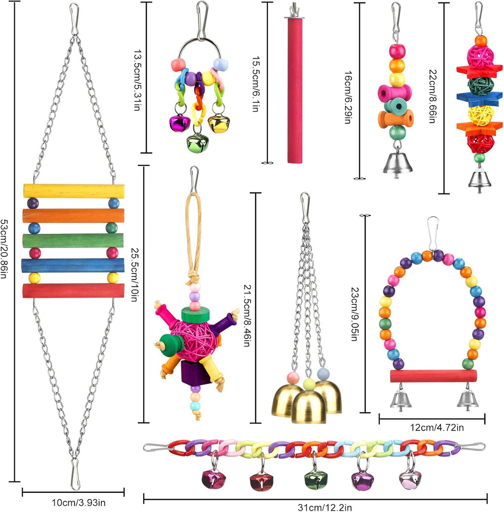 Bird Toys for Conures with Colorful Ladder Hammock Bird Cage Accerious Bird Perch Stand Chewing Toys Hanging Bell for