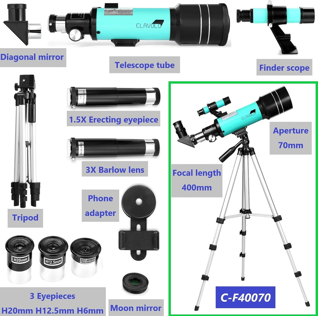 Telescope 70mm Aperture for Kids & Astronomy Beginners, Travel Telescope with Adjustable Tripod & Phone Adaper