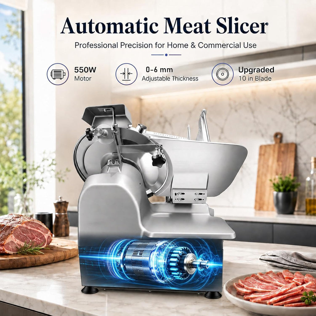 Meat Slicer 550W Automatic, Electric Food Slicer Machine with 10 in Carbon Steel Blade, 0-6mm Thickness Adjustable
