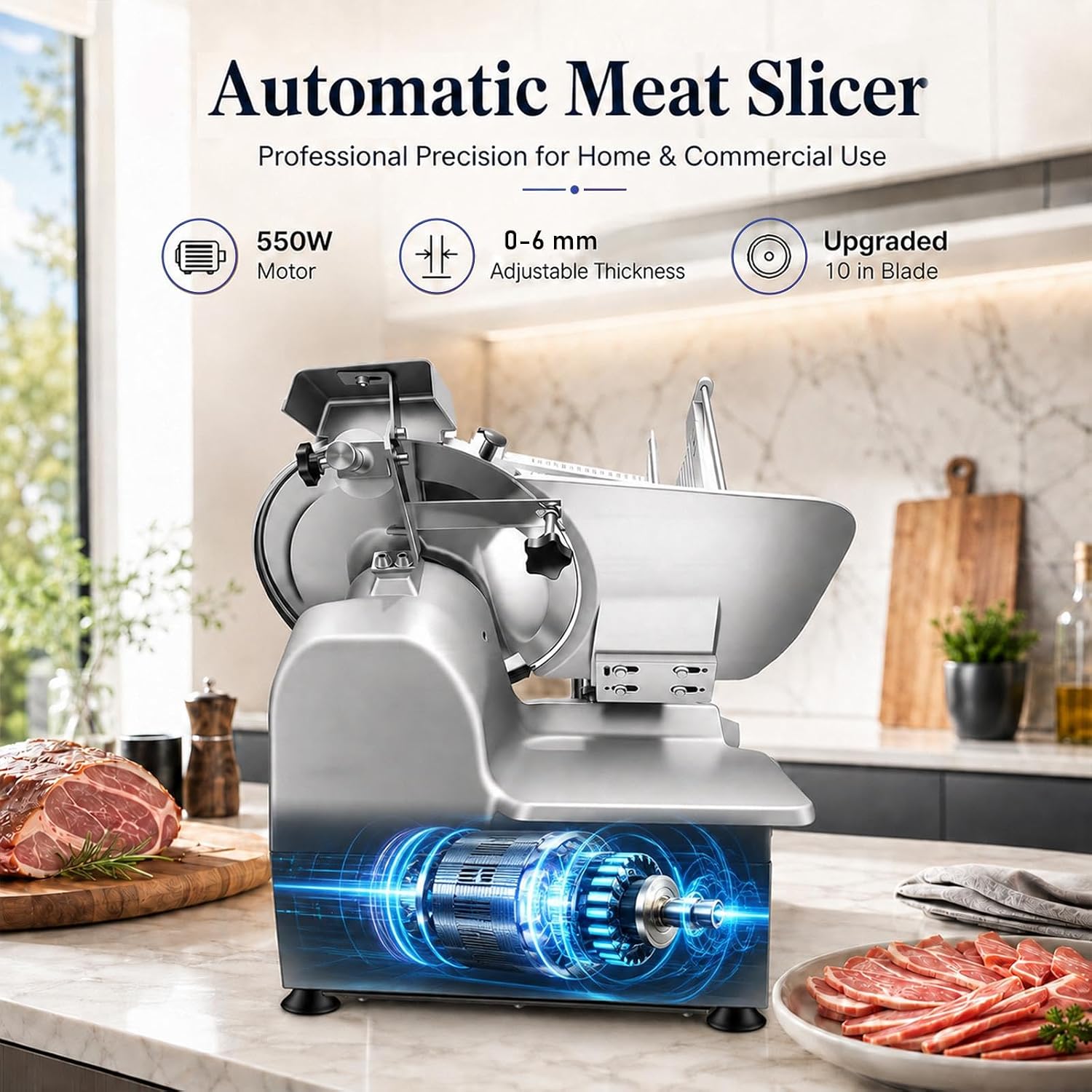 Meat Slicer 550W Automatic, Electric Food Slicer Machine with 10 in Carbon Steel Blade, 0-6mm Thickness Adjustable
