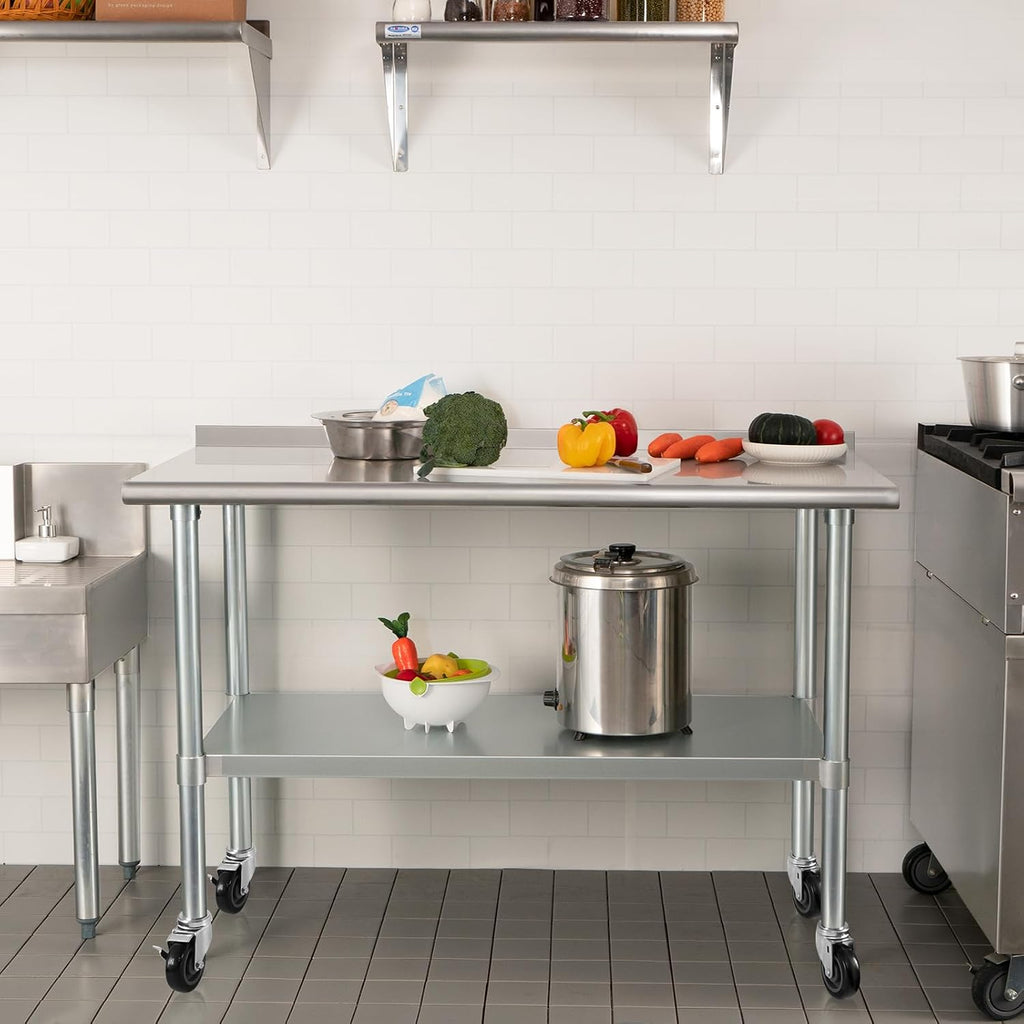 HARDURA Stainless Steel Table with Wheels 24X60 Inches, 2" Backsplash