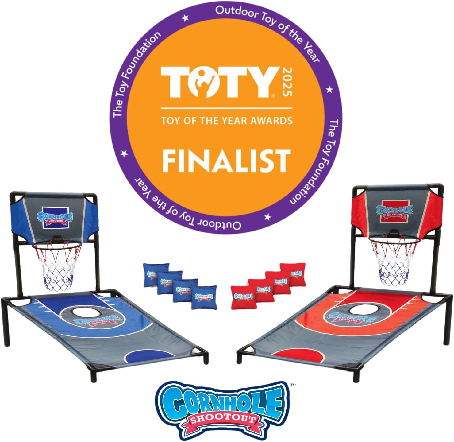 Sports Basketball Net Cornhole Board Set, Basketball & Cornhole in One, Includes 8 Red/Blue Bean Bags, Convenient