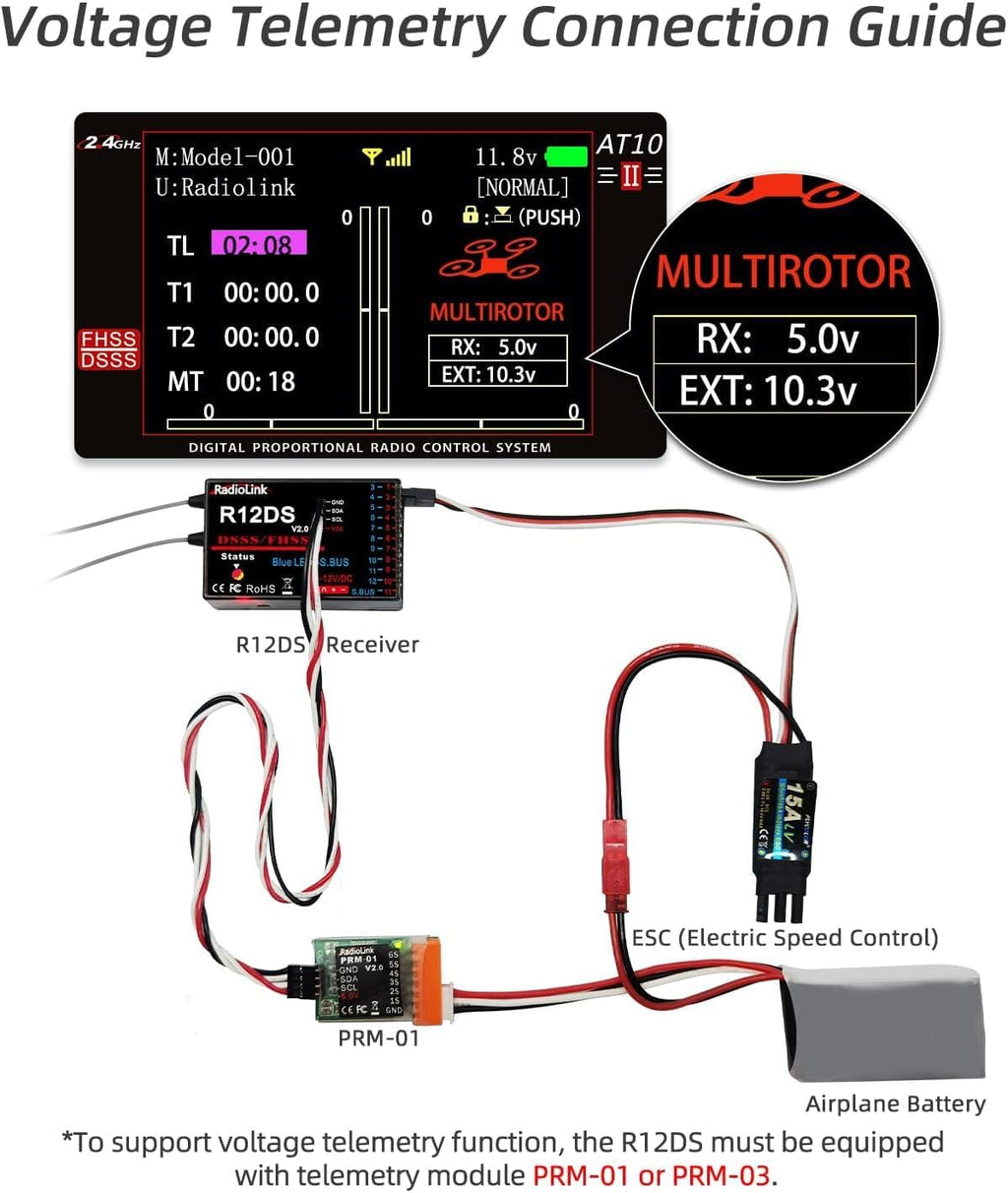 AT10II 12CH 2.4G RC Transmitter and Receiver R12DS for Airplane | Voltage Telemetry Long Range Radio Controller for