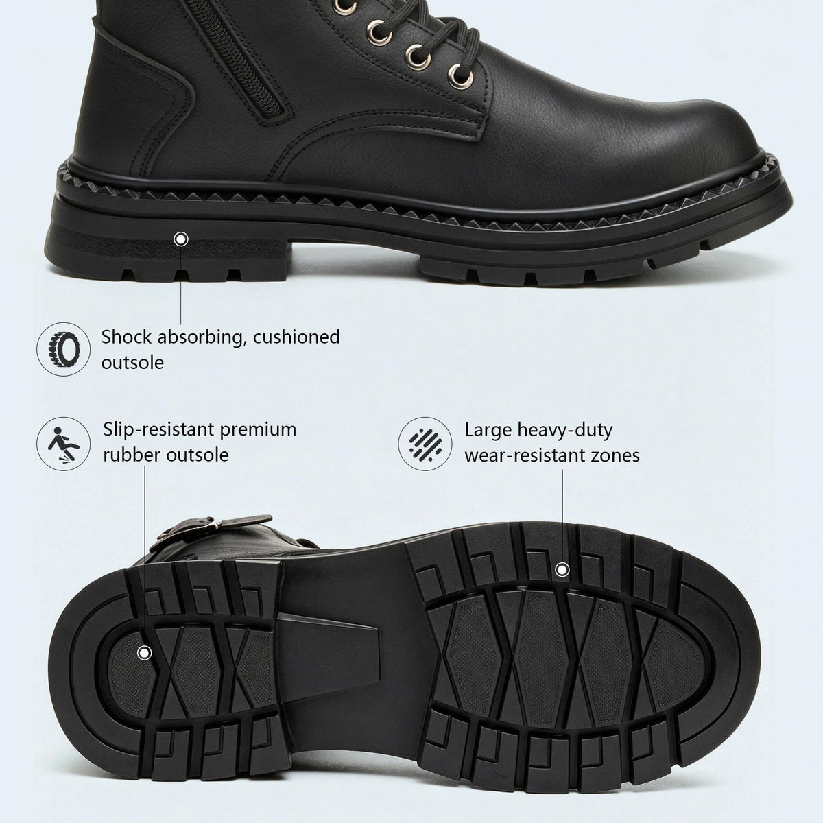 Steel Toe Work Boots for Men, Black Construction Boots, Men Size 10.5