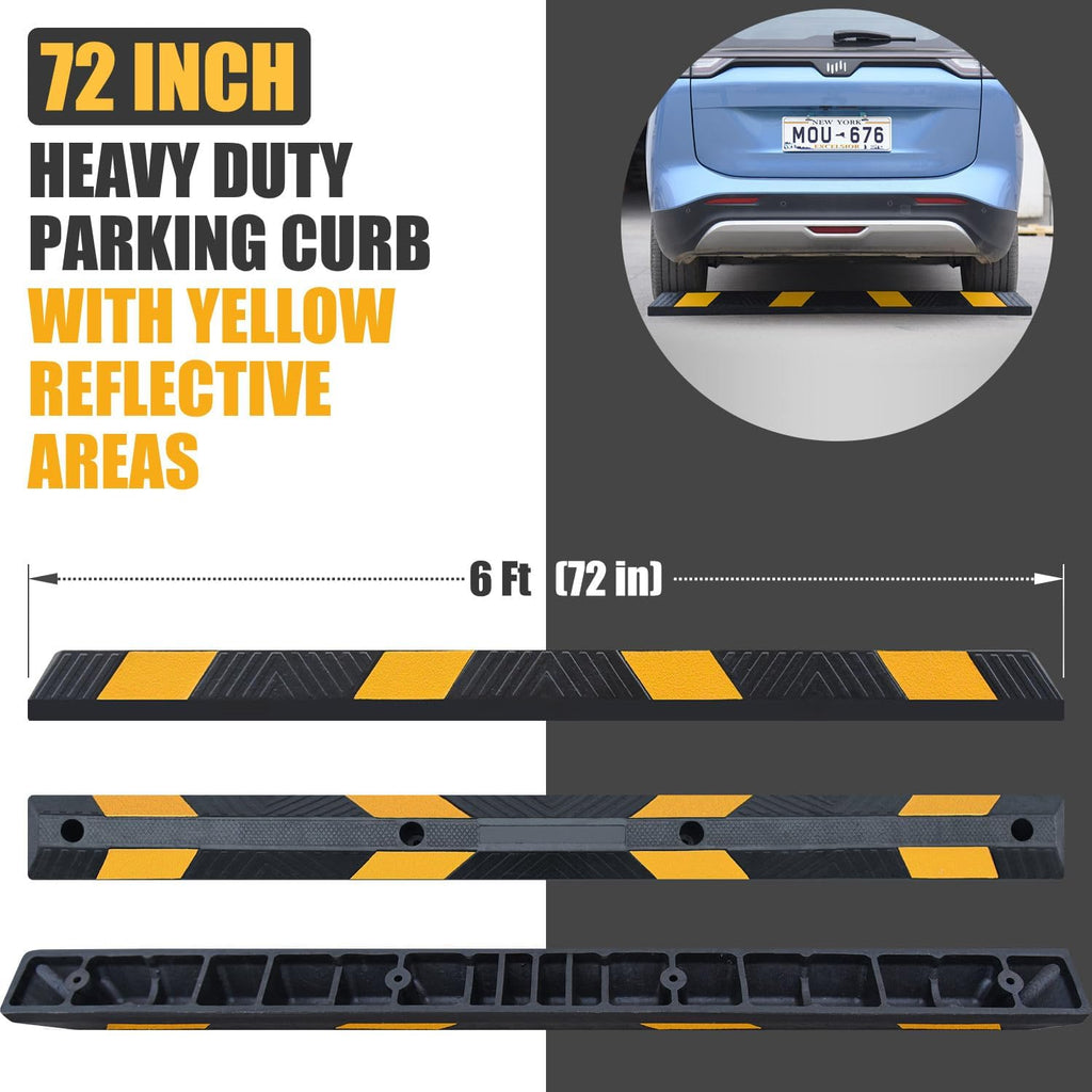 72" Inch Heavy-Duty Parking Curb | 2-Pack 6-Foot Rubber Wheel Stop for Garage Parking Lot Safety, Installation Kits