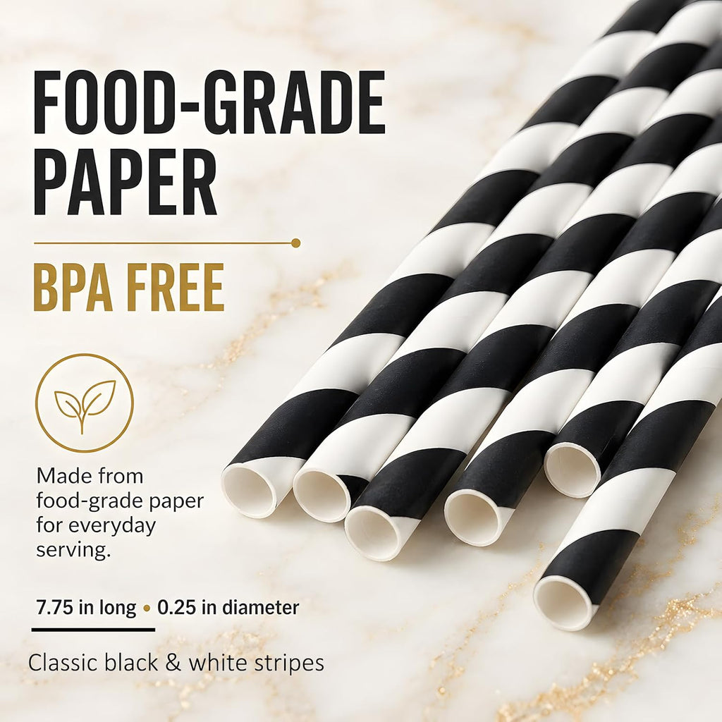 100 Black Striped Paper Straws, 7.75 in Black and White Straws