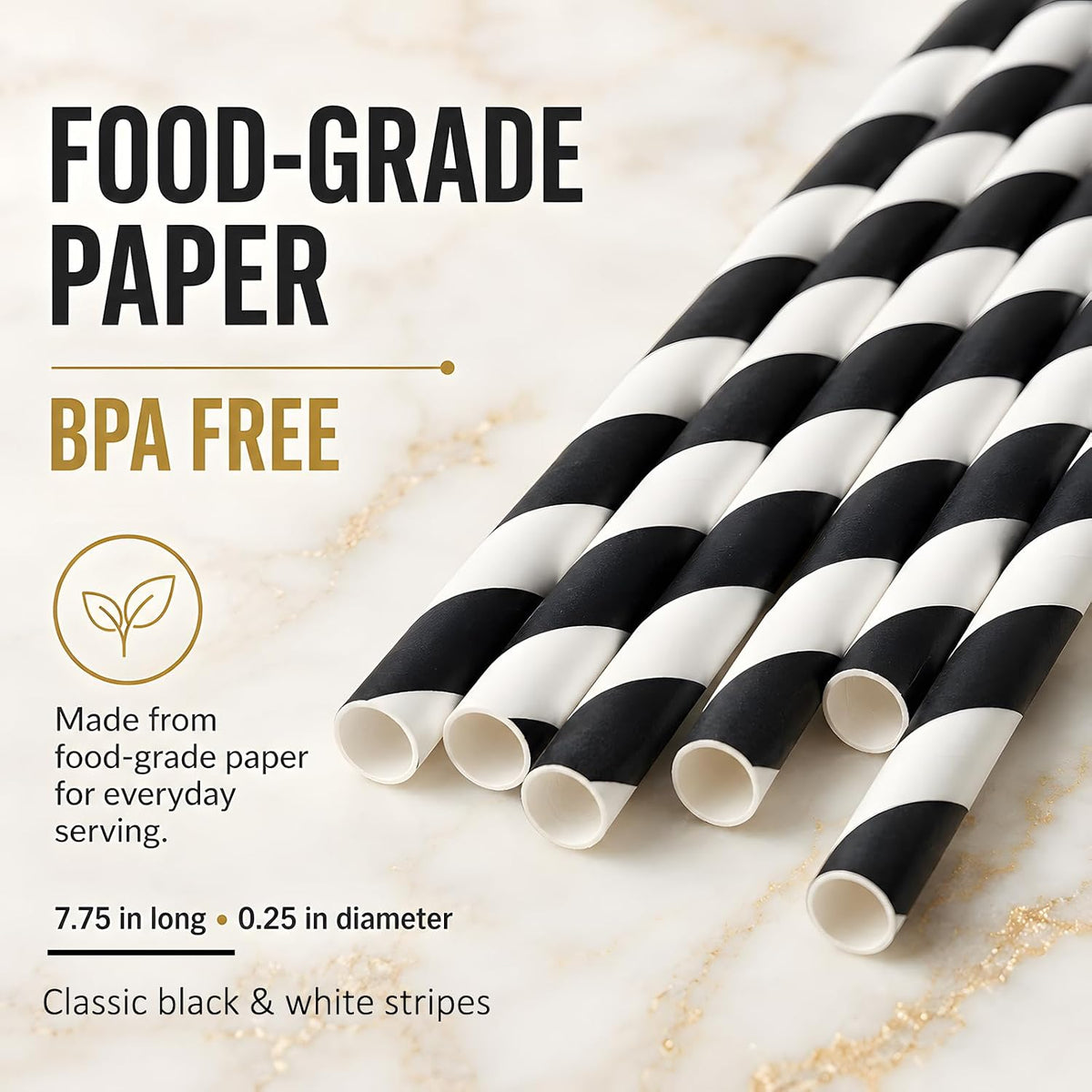 100 Black Striped Paper Straws, 7.75 in Black and White Straws