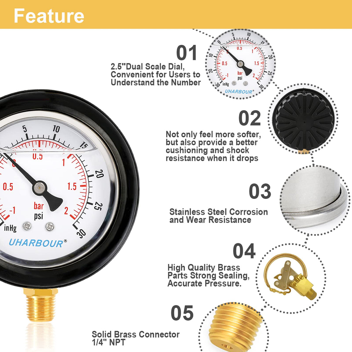 UHARBOUR Pressure Vacuum Gauge -30 inhg/30 PSI, 2-1/2" Dial Liquid