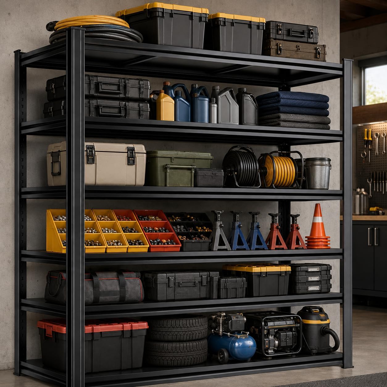 Garage Shelving, Storage Shelves Heavy Duty, 6-Tier Adjustable Black Shelving, 3000Lbs Utility Shelf for