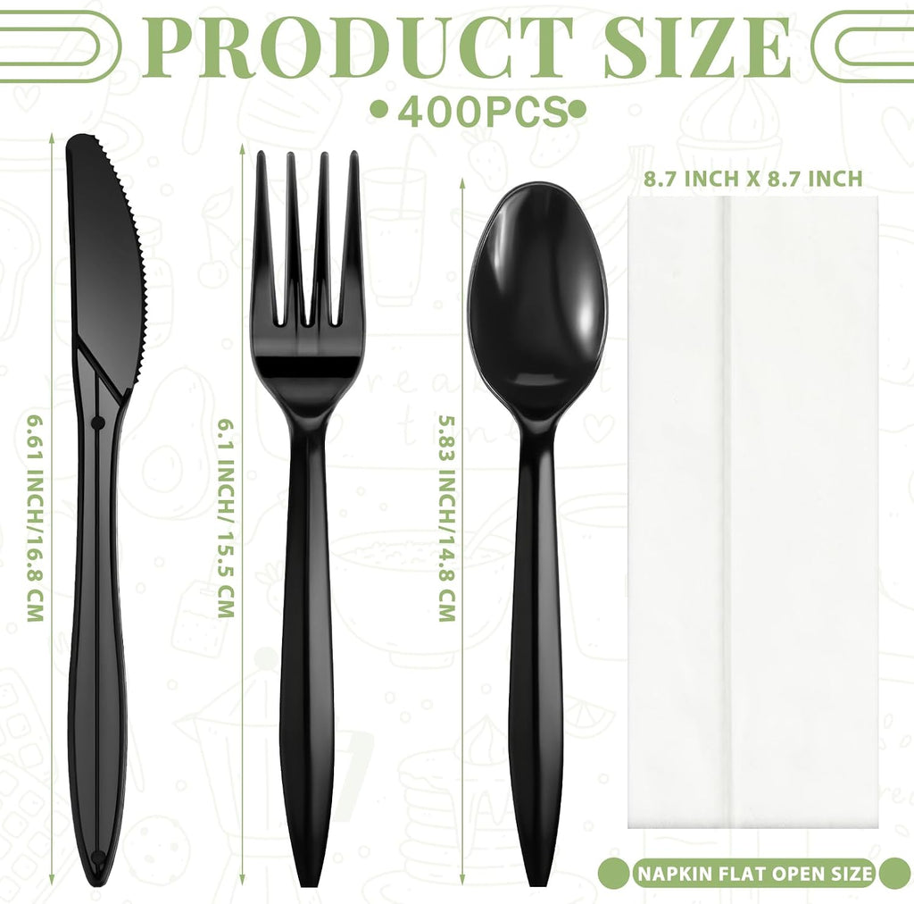 100 Set Plastic Silverware Knife Fork Spoon Napkin, Black