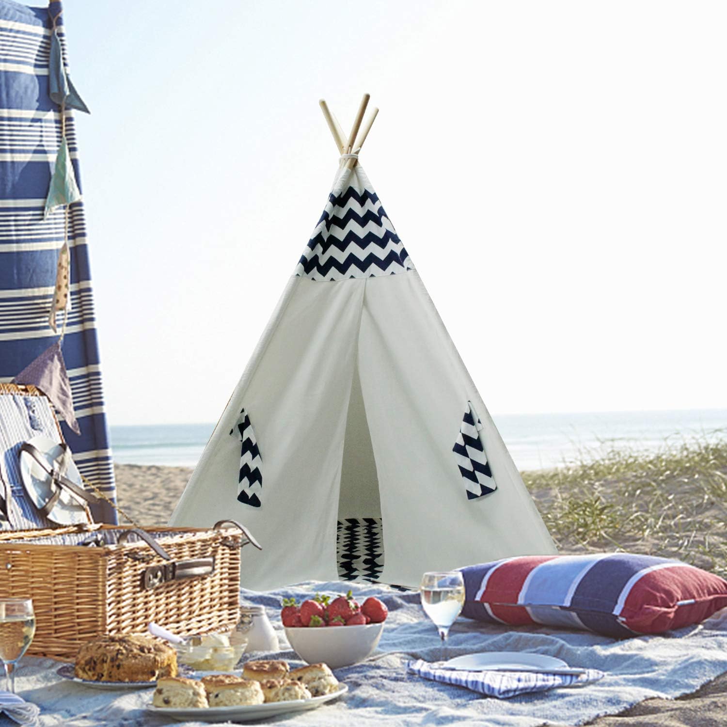Teepee Tent for Kids - Play Tent with Mat, Indoor Outdoor Playhouse, Indian Canvas Tipi Wigwam, Children's Navy
