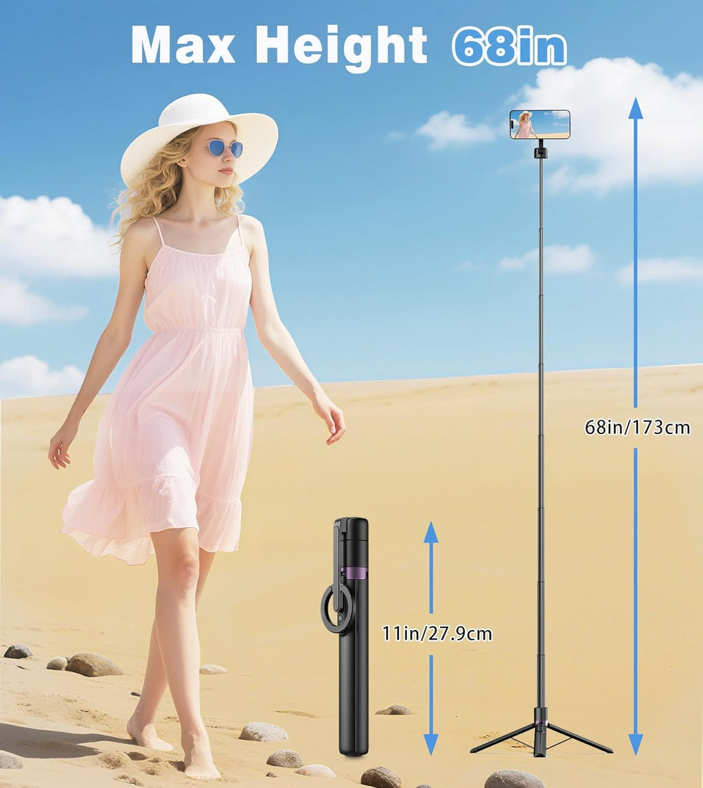 68" Magnetic Aluminum Phone Tripod Selfie Stick for iPhone & Android | Rechargeable Remote,360° Rotatable Foldable