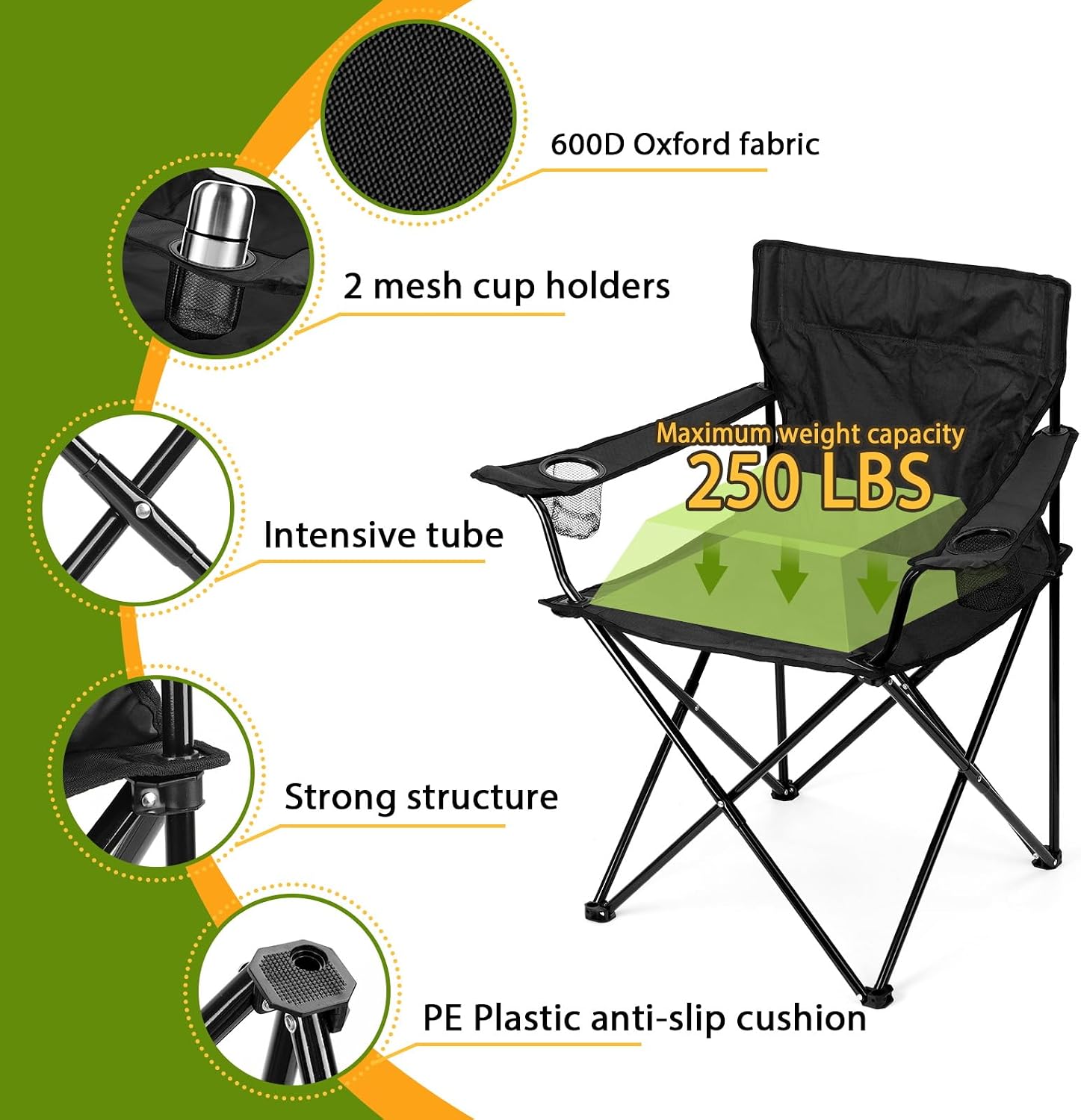 Folding Camping Chair Set of 3, Foldable Black Camp Chairs & Grey Table, Large Lawn Chair Portable for Adults Hiking