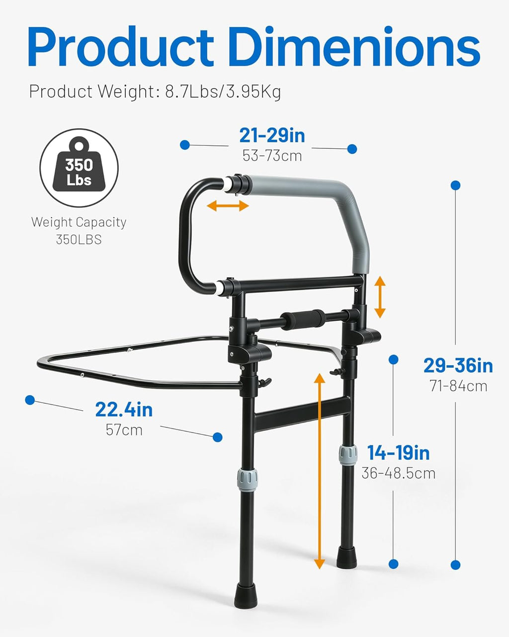 Safety Bed Rail for Elderly Adults - Foldable Bed Assist Rail with Adjustable Height & Storage Pocket, Bedside