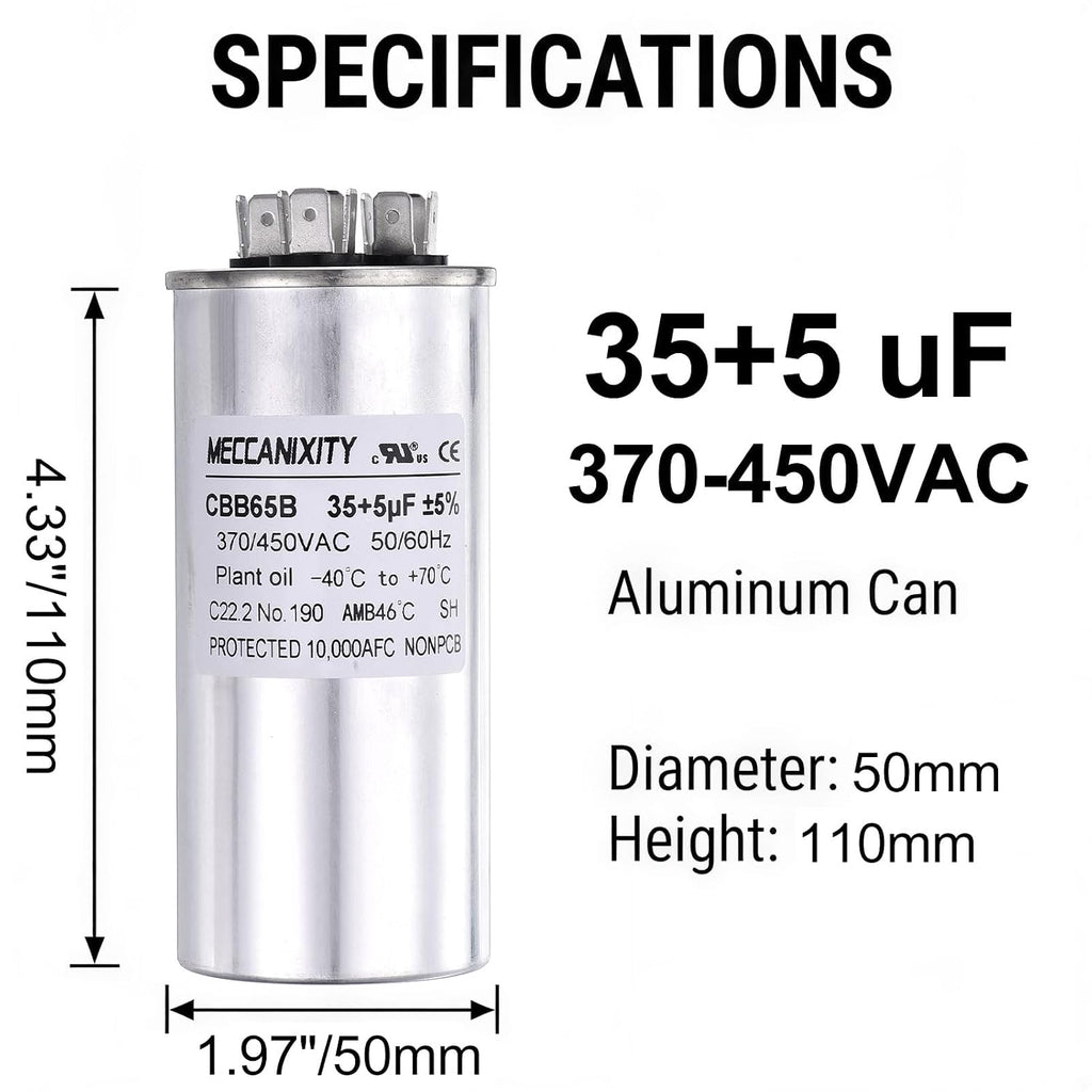 MECCANIXITY CBB65 Dual Run Start Capacitor 35+5UF 35/5MFD 1Set 4.33"x1.97"