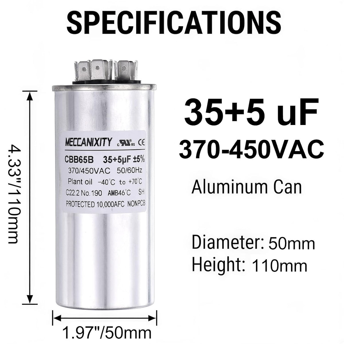 MECCANIXITY CBB65 Dual Run Start Capacitor 35+5UF 35/5MFD 1Set 4.33"x1.97"