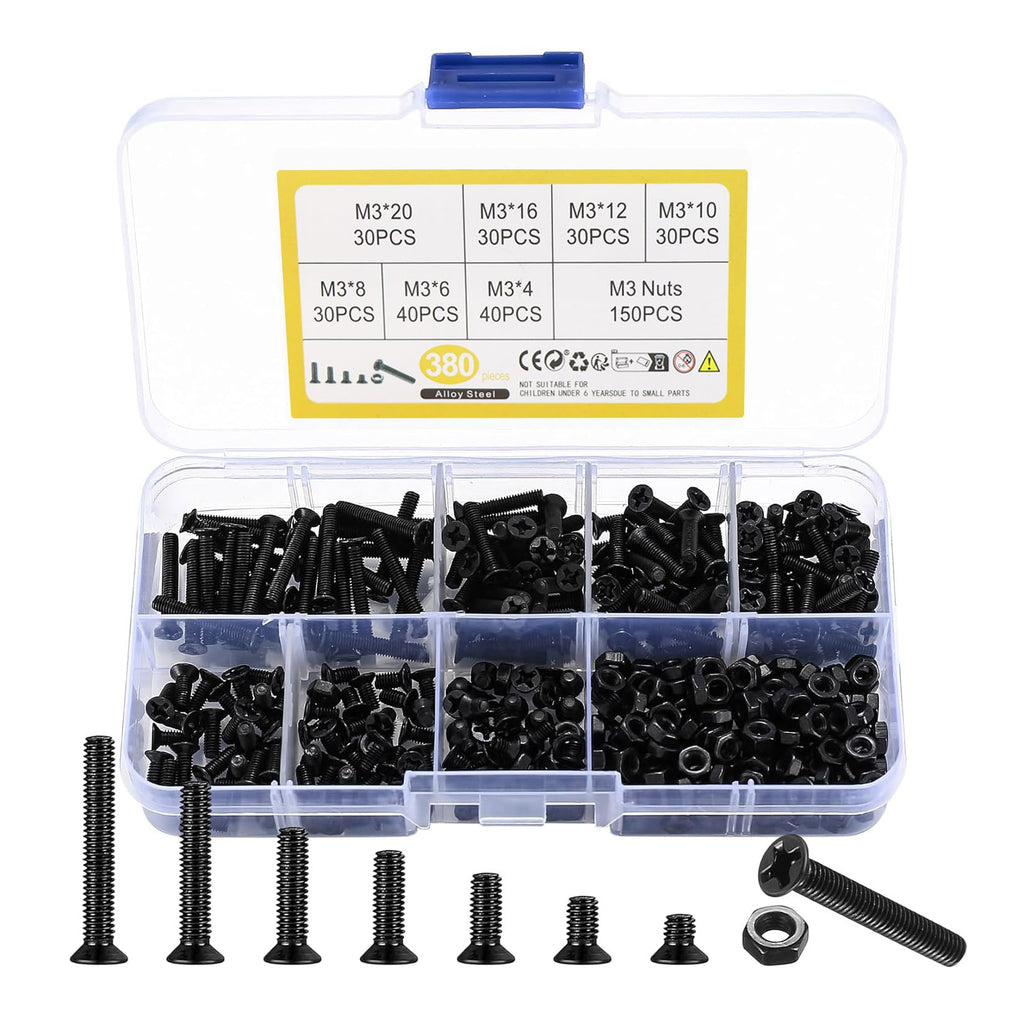 M3 Flat Head Machine Screws and Hex Nuts Kit, 380 Pcs Black Countersunk Head Phillips Screws Bolts Nuts Assortment