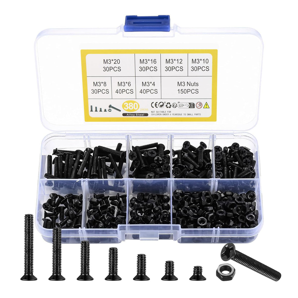 M3 Flat Head Machine Screws and Hex Nuts Kit, 380 Pcs Black Countersunk Head Phillips Screws Bolts Nuts Assortment