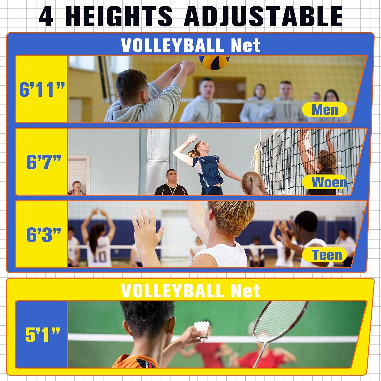 Volleyball Poles for Backyard with Net, Indoor Outdoor Heavy Duty Adjustable 4 Heights of 5-6.8 Foot with Wheels for