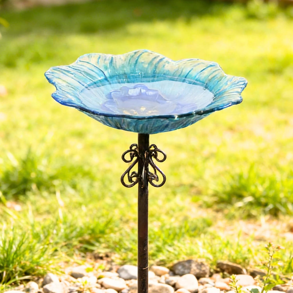 2 in 1 Floral Glass Bird Bath & Feeder - Hanging or Freestanding Outdoor Bird Bath with Sturdy 5-Pronged Base for