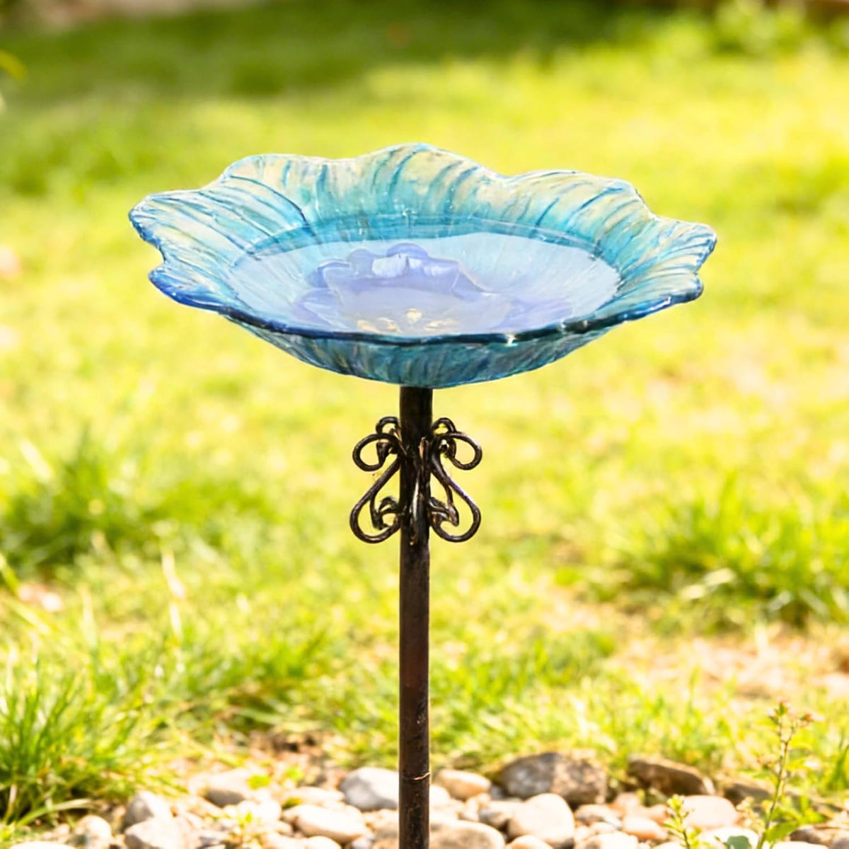 2 in 1 Floral Glass Bird Bath & Feeder - Hanging or Freestanding Outdoor Bird Bath with Sturdy 5-Pronged Base for