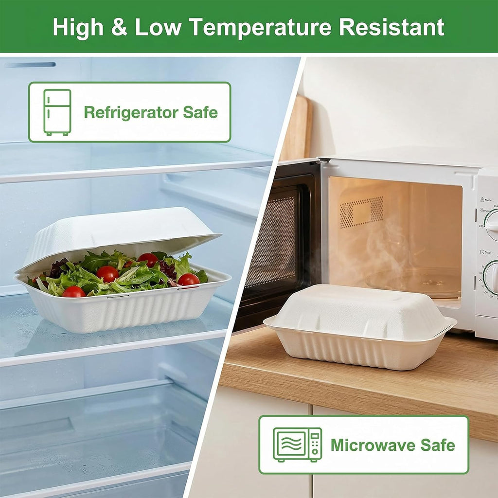 90 Pack 9"x 6" Compostable Clamshell Take Out Containers, Bagasse