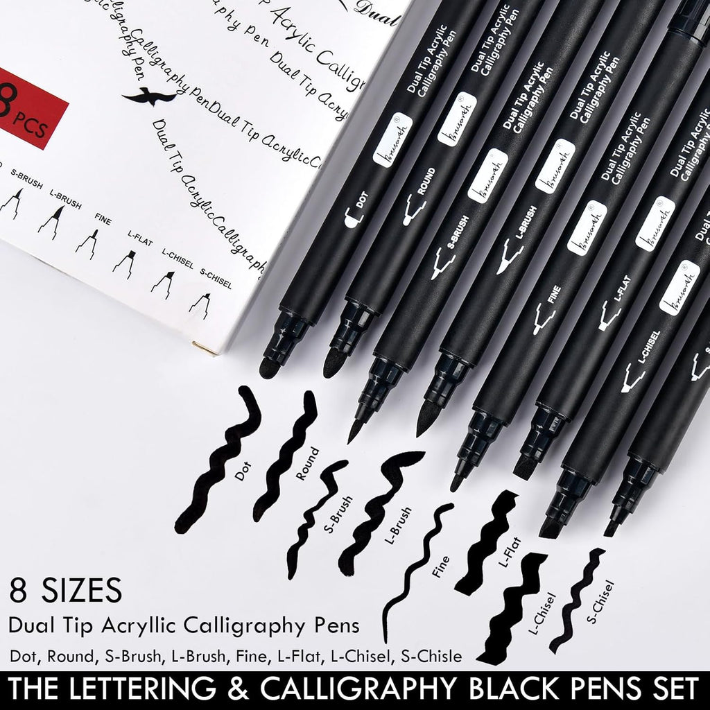Calligraphy Pens, 8 Size Dual Tip Black Acrylic Calligraphy markers for Writing, Brush Pens Calligraphy Set for