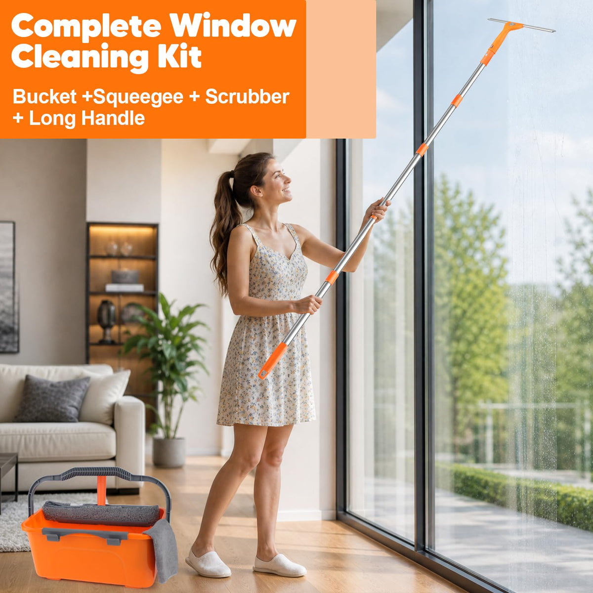Window Cleaning Kit with 3 Gallon Bucket, 76" Long Squeegee