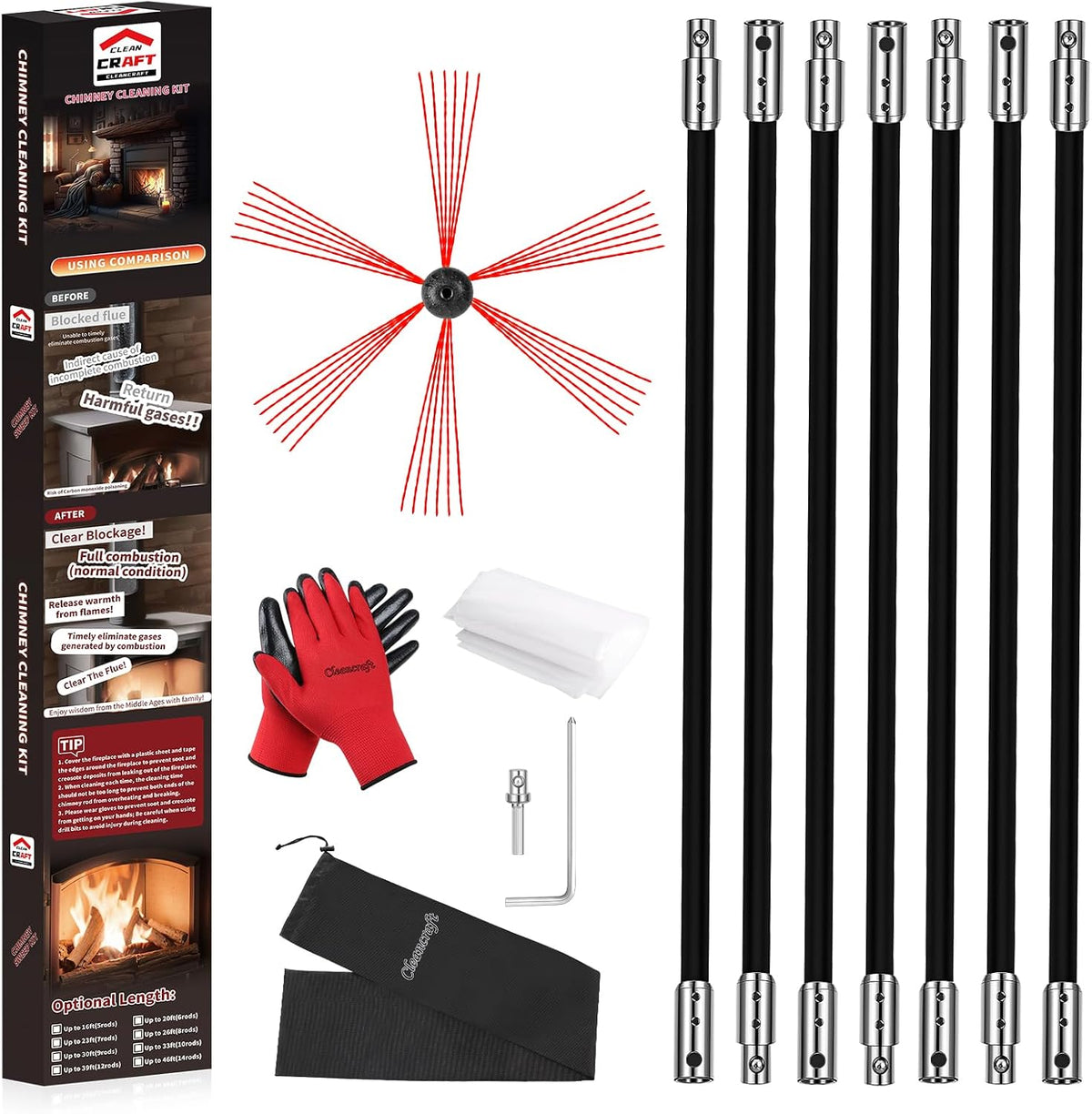 23 Feet Chimney Sweep Kit, Chimney Cleaning Kit with 7 Flexible Black Chimney Rods, Rotary Chimney Cleaning System