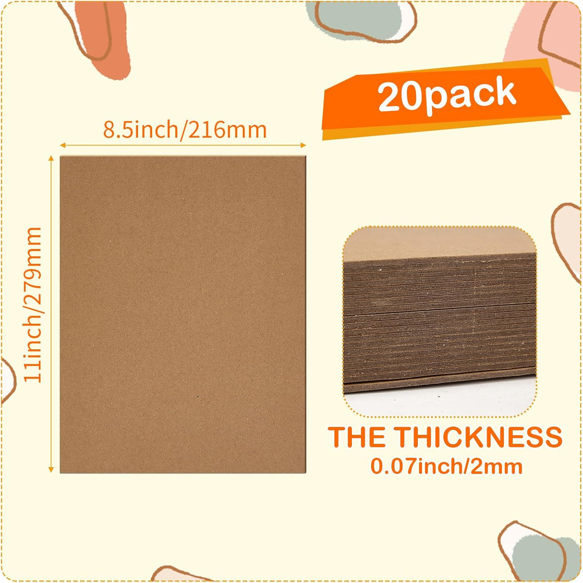 20 Pack 8.5x11 Chipboard Sheets, 80PT Kraft Cardboard for Shipping