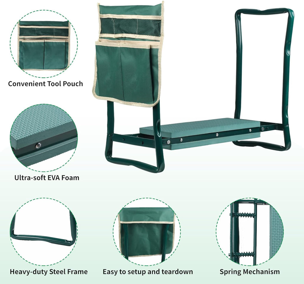 Garden Kneeler and Seat, Portable Foldable Gardening Kneeling Bench Stool with Tool Pouch and EVA Foam Kneeling Pad
