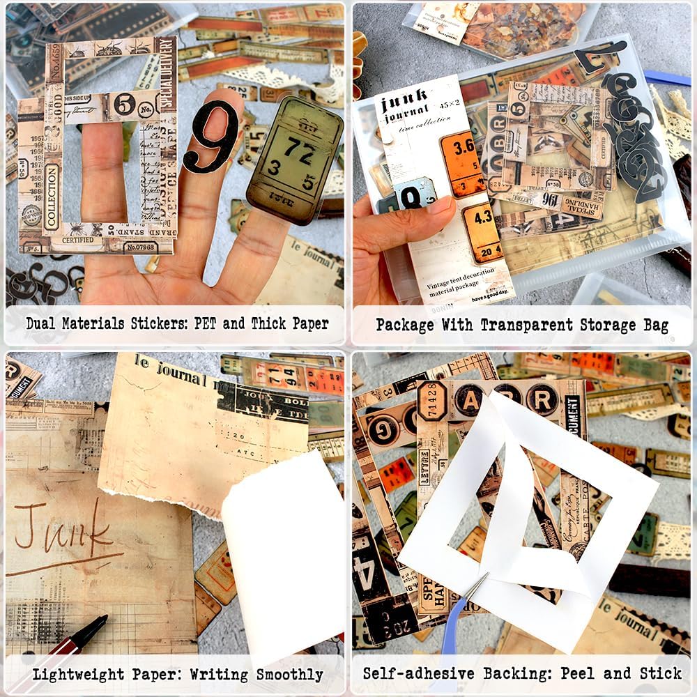 Vintage Scrapbook Kit, 90 Sheets Retro Tag Labels Collection, Scrapbooking Stickers and Decorative Papers Collage