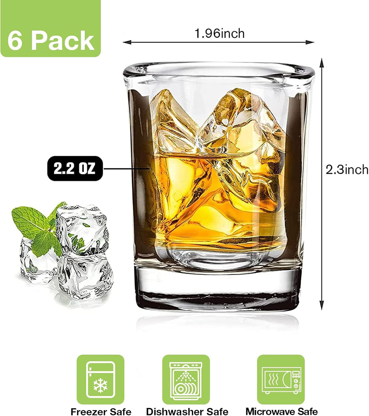 6 Pack Heavy Base Shot Glasses Set, 2.2 oz Clear Tequila Square Shot Glass Bulk, Espresso Shot Glass for Vodka
