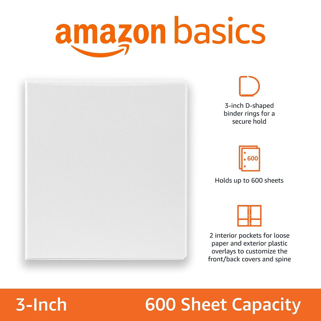 3 Ring Binders, 3 Inch D-Ring Organizer for School, Home Office, Paper Storage, White, 2 Pack