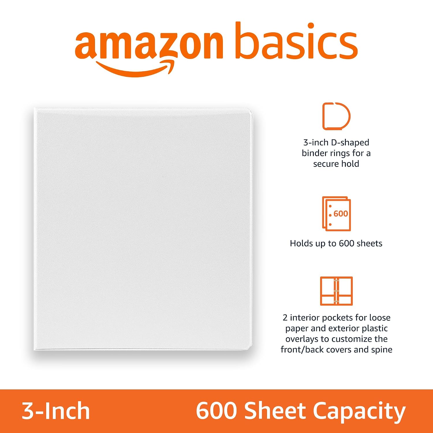 3 Ring Binders, 3 Inch D-Ring Organizer for School, Home Office, Paper Storage, White, 2 Pack