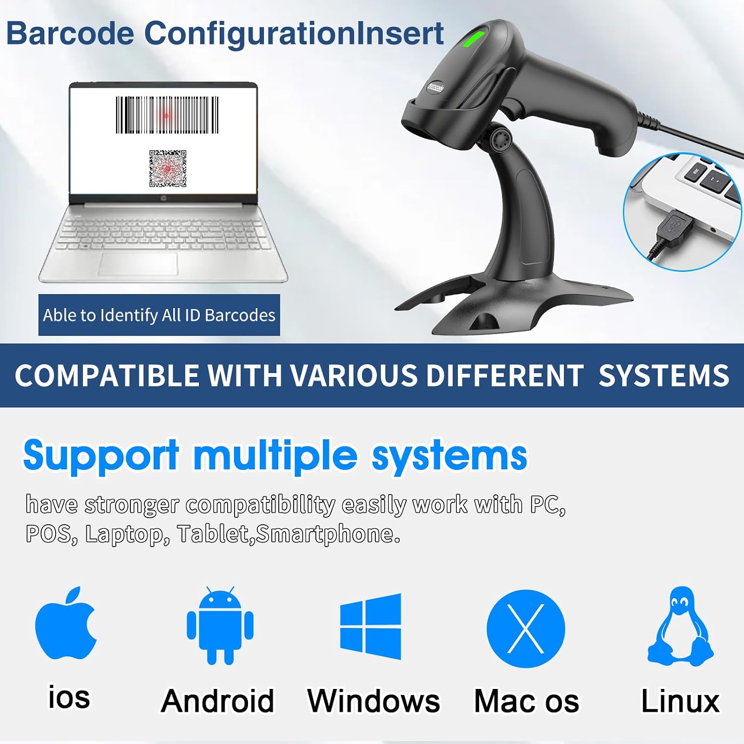 Barcode Scanner with Stand USB Wired Inventory 2D 1D QR Code Scanner with Automatic Hands-Free Scanning Barcode