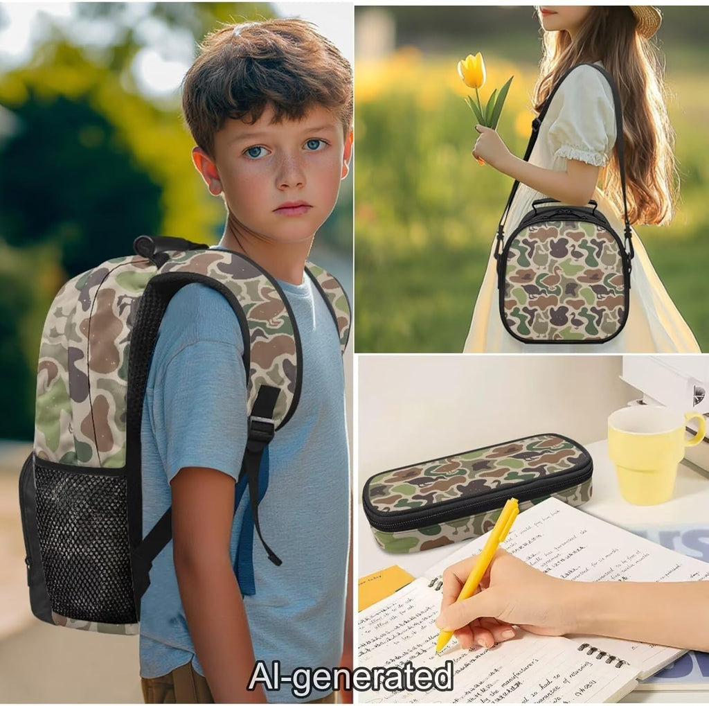 Duck Camo Backpack for School Boys 8-12 with Lunch Box, Pencil Case and Water Bottle Sleeve, 4-Piece 17 Inch