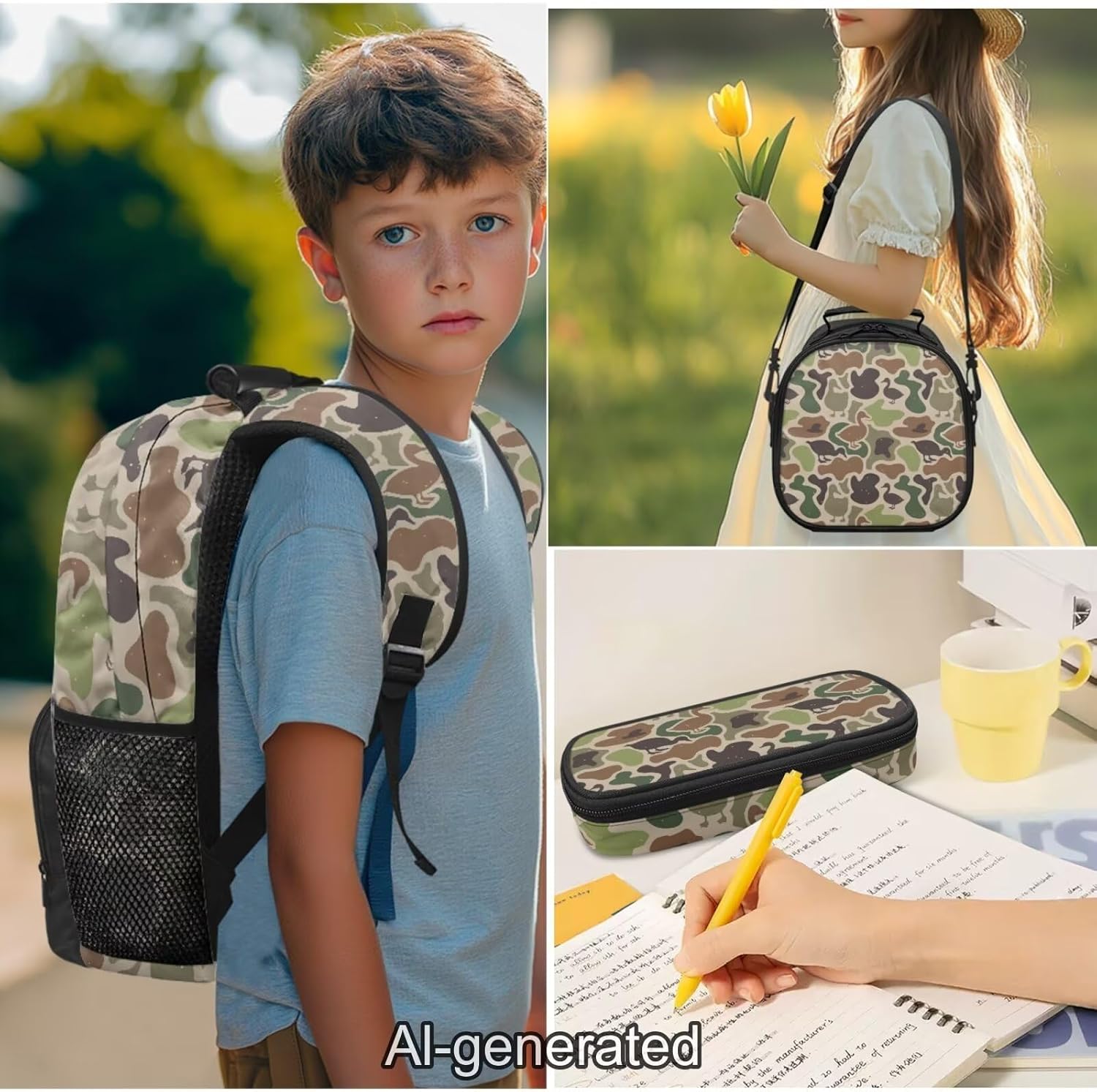 Duck Camo Backpack for School Boys 8-12 with Lunch Box, Pencil Case and Water Bottle Sleeve, 4-Piece 17 Inch