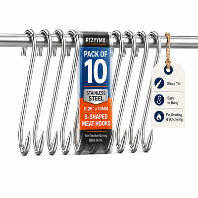 Meat Hooks, (8.26''×10MM) 10Pack Stainless Steel Meat Hooks S-Shaped Butcher Hooks for Smoker Drying Butchering