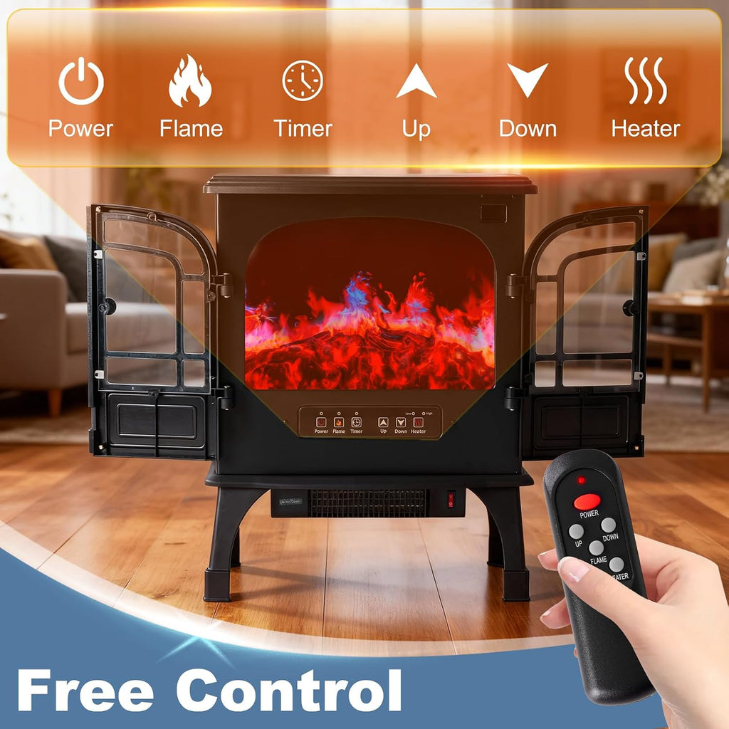 Electric Fireplace Heater, 26" Freestanding Two Door Electric Fireplace Stove with 3D Flame Effect & Remote Control