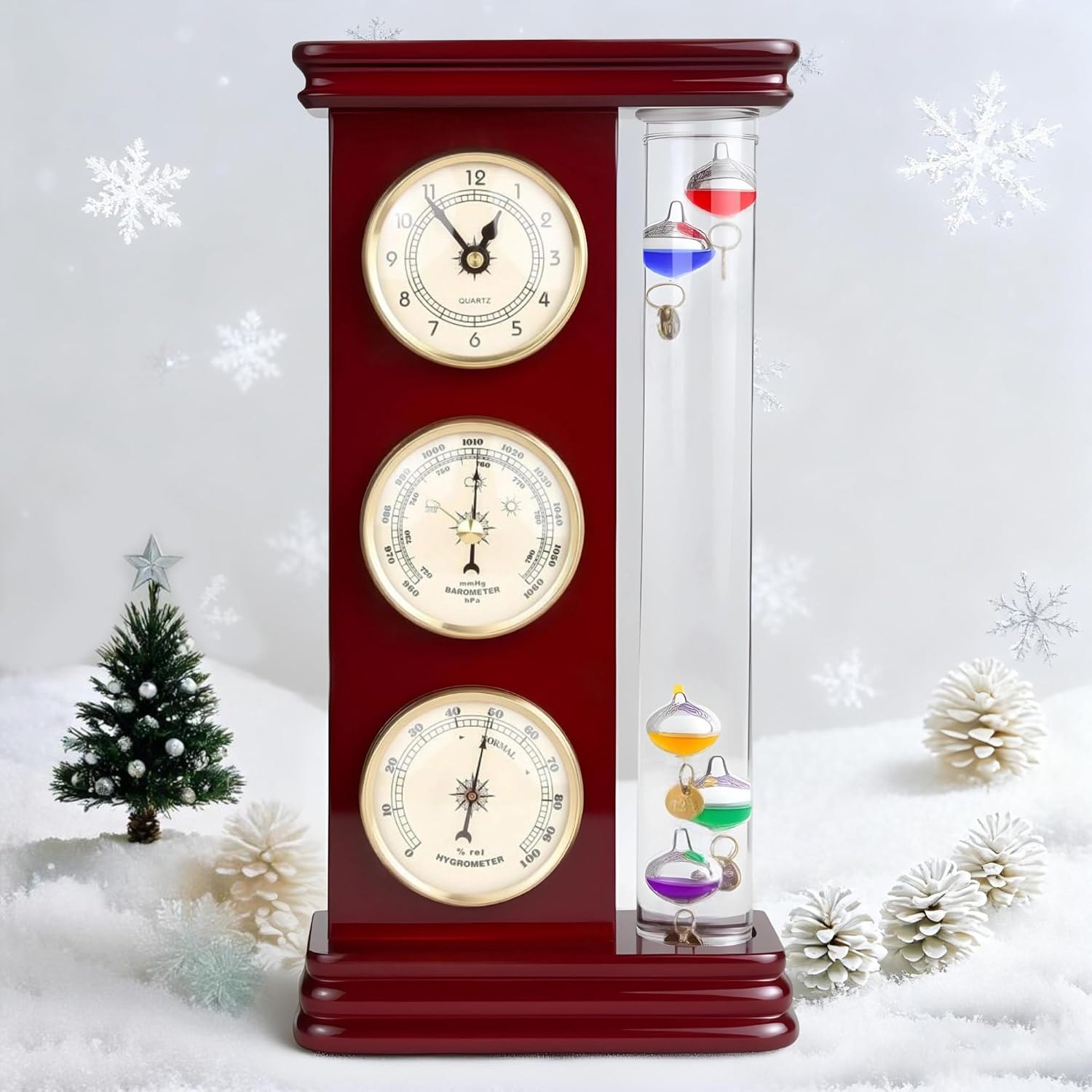 Analog Weather Station with Galileo Thermometer, Precision Quartz Clock (Gold), Barometer & Hygrometer, Gift for
