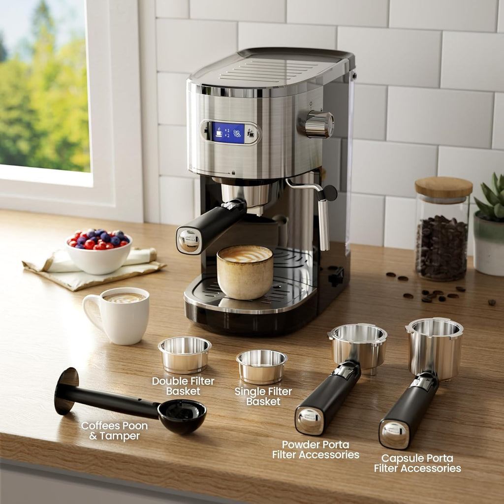 Stainless Steel 20 Bar Espresso Machine for Home Latte Cappuccino | 25s Heat-Up, Preset Single & Double Espresso